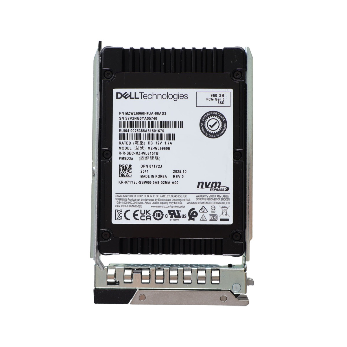 Dell Samsung PM9D3a U.2 960GB Gen 5 NVMe SSD Drive - 71Y2J MZ-WL6960B