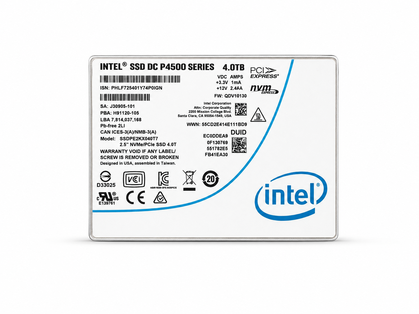 Intel DC P4500 Series U.2 4TB Gen 3 NVMe SSD Drive - SSDPE2KX040T7